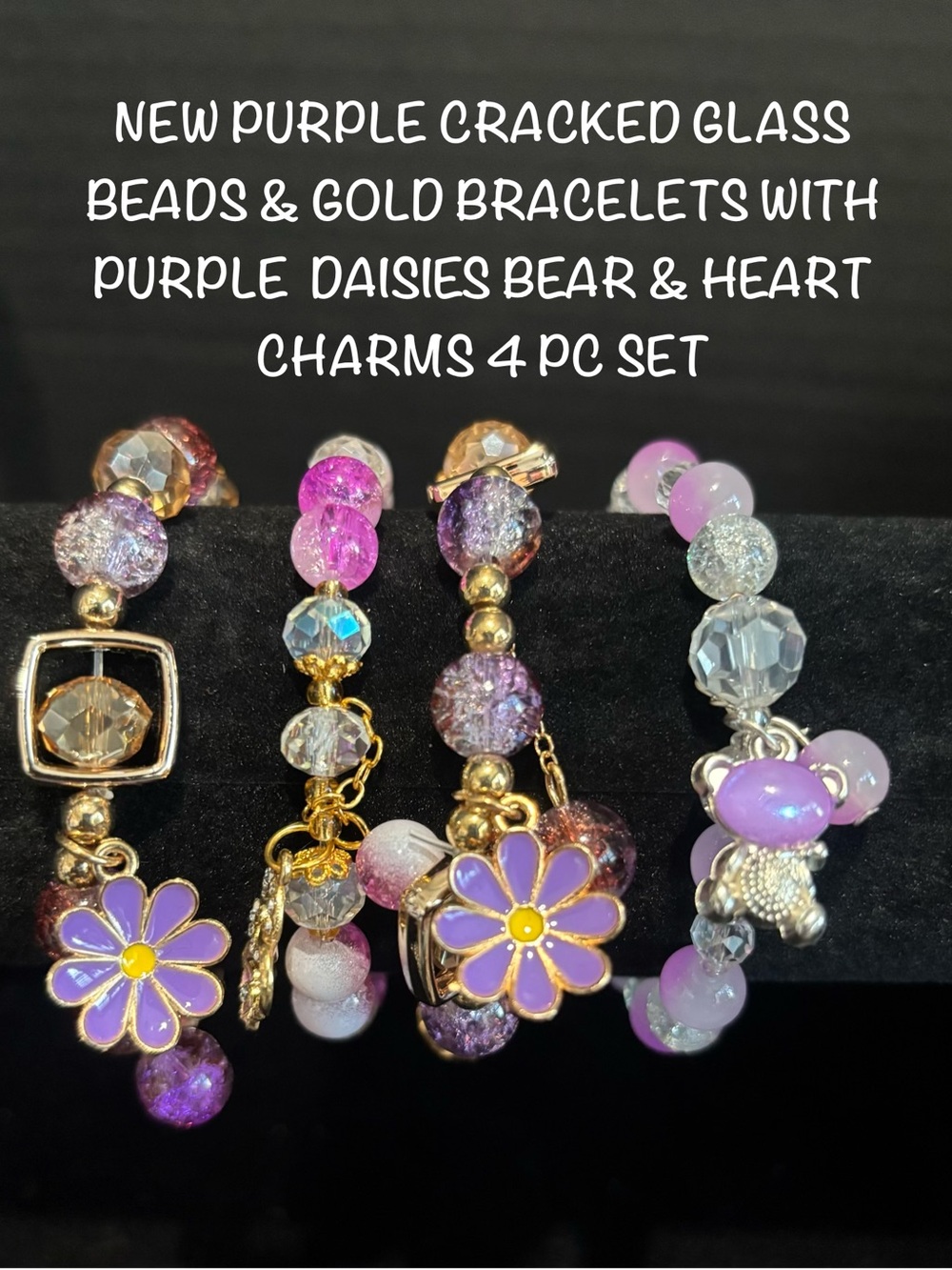 NEW PURPLE CRACKED GLASS BEADED BRACELETS W/DAISIES HEART & BEAR CHARMS 4PC SET